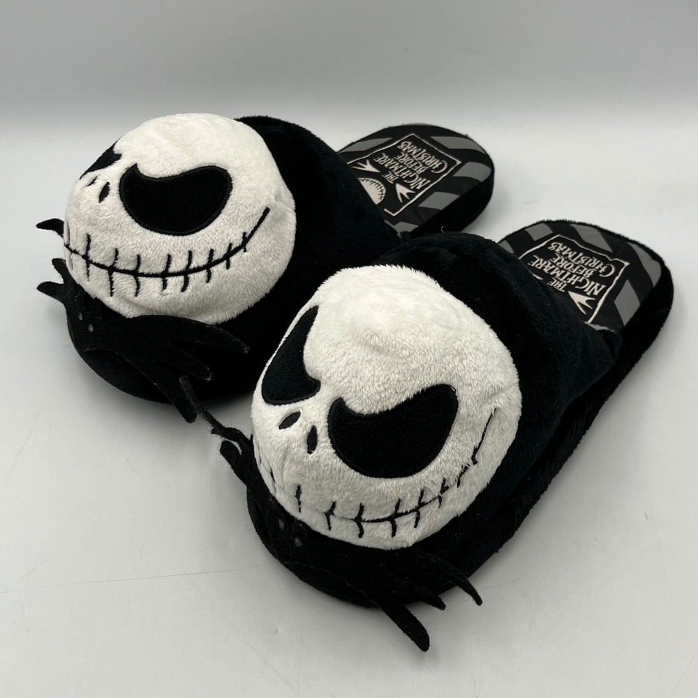 Disney Slippers Black White Mens XL Jack Skellington Plush EUC